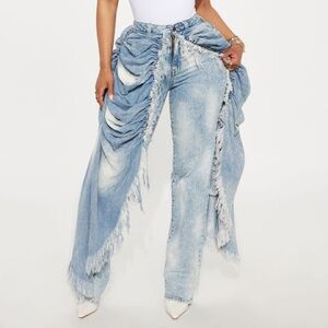 Stretch Denim Light Blue Skirt Layer Distressed Women Jeans